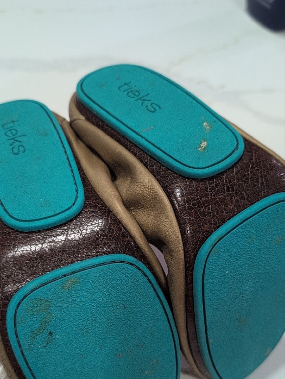 Tieks Gold Ballet Flats with Teal Accent - Picture 5 of 7